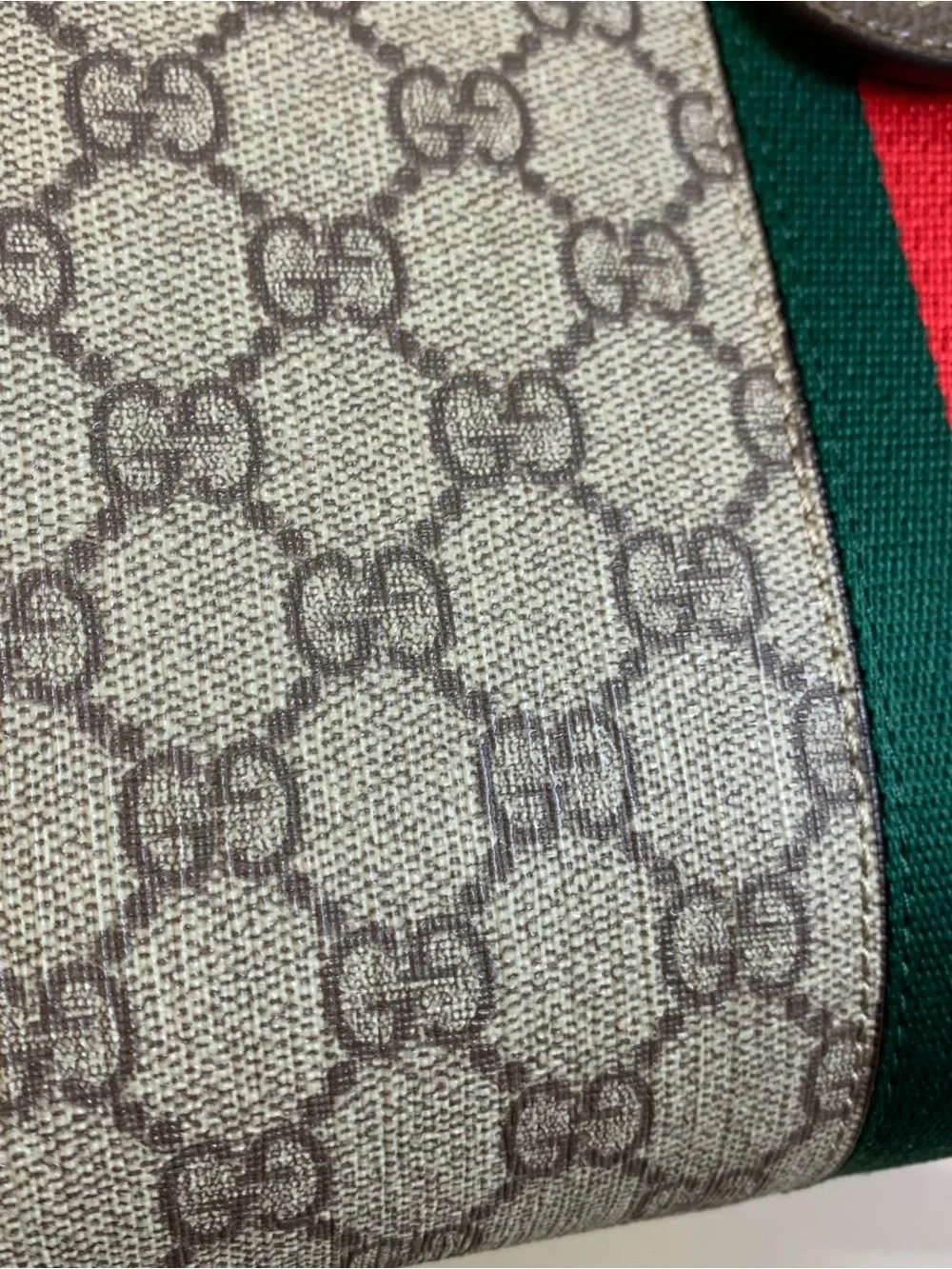 Gucci Luxury Monogram Crossbody Laptop Bag in Beige with Green and Red Stripe
